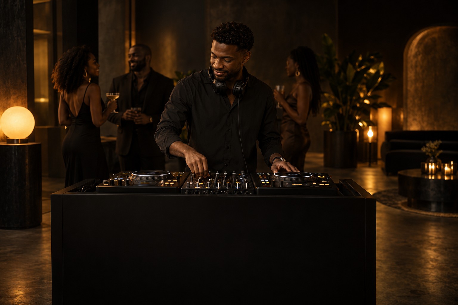 A DJ setup with warm light