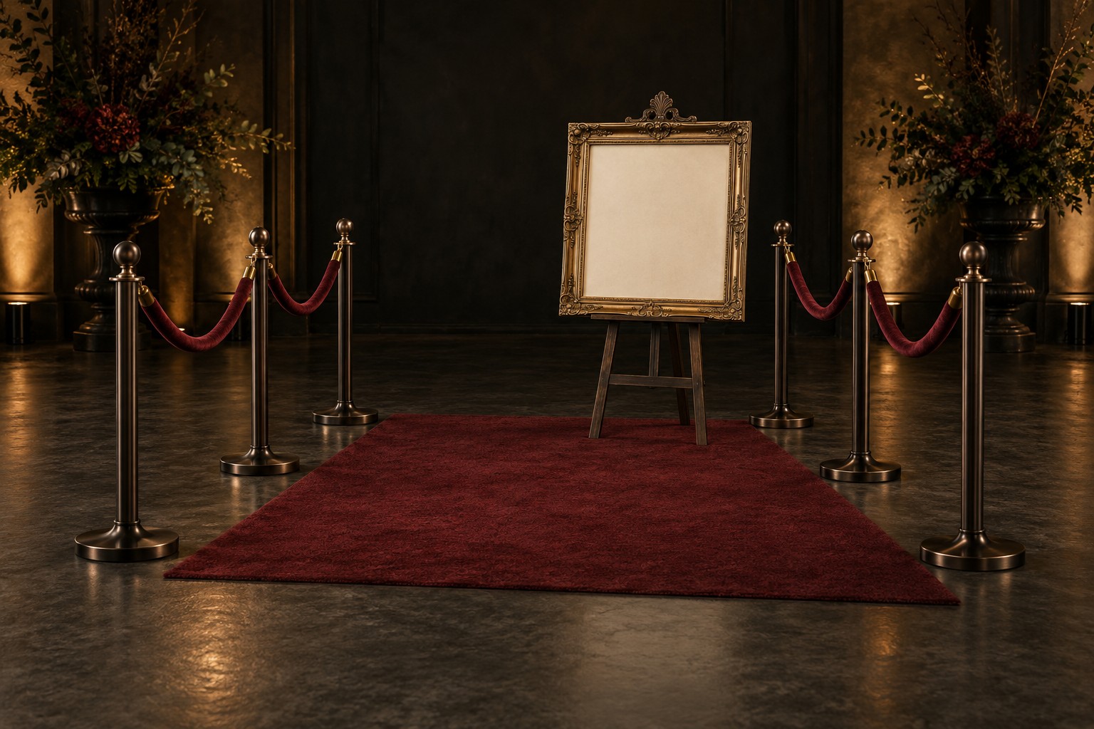 Velvet ropes, a framed easel and a burgundy rug at an entrance