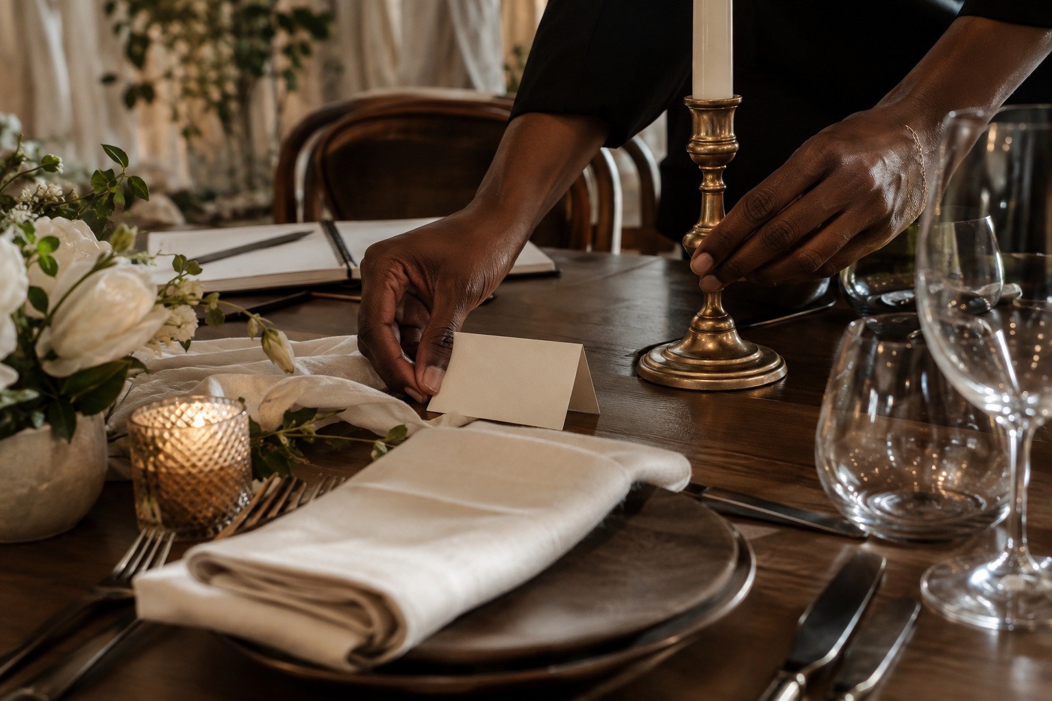 Careful placement of linen, a place card and brass candlelight