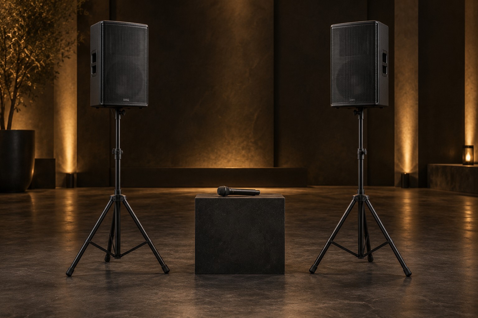 Two powered speakers on stands with a compact mixer